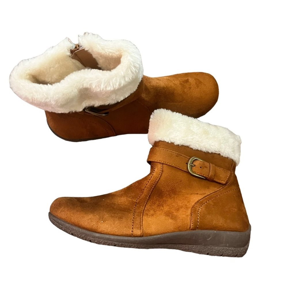 NEW ALPINE WOODS BOOTS WOMENS 8 BROWN WHITE FAUX FURY FURRY ANKLE BUCKLE DETAIL